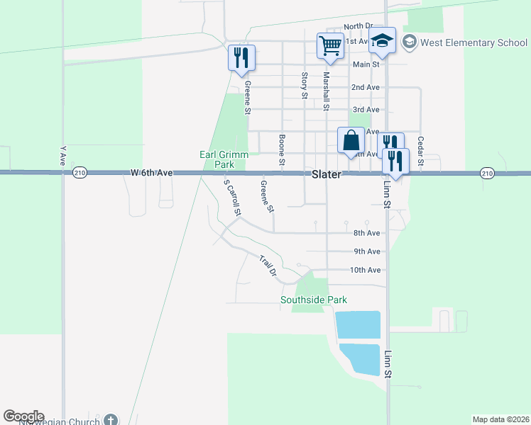map of restaurants, bars, coffee shops, grocery stores, and more near 637 Greene Street in Slater