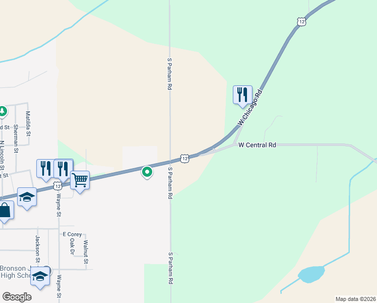map of restaurants, bars, coffee shops, grocery stores, and more near 693 West Chicago Road in Bronson