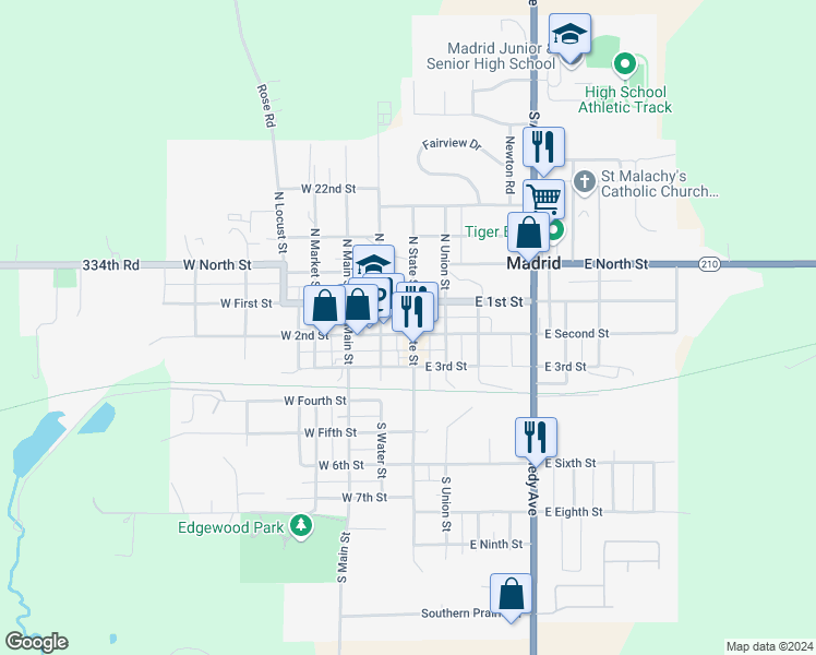 map of restaurants, bars, coffee shops, grocery stores, and more near 237 South State Street in Madrid