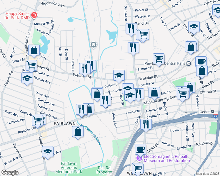 map of restaurants, bars, coffee shops, grocery stores, and more near 65 Larch Street in Pawtucket