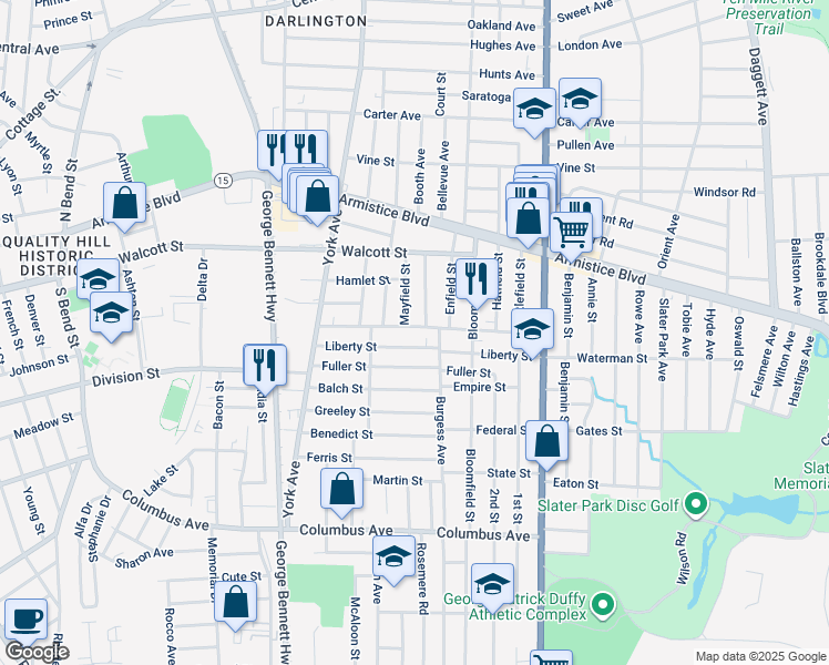 map of restaurants, bars, coffee shops, grocery stores, and more near 117 Liberty Street in Pawtucket