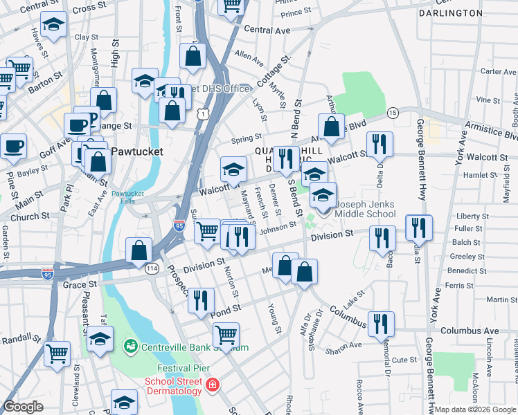 map of restaurants, bars, coffee shops, grocery stores, and more near 90 French Street in Pawtucket