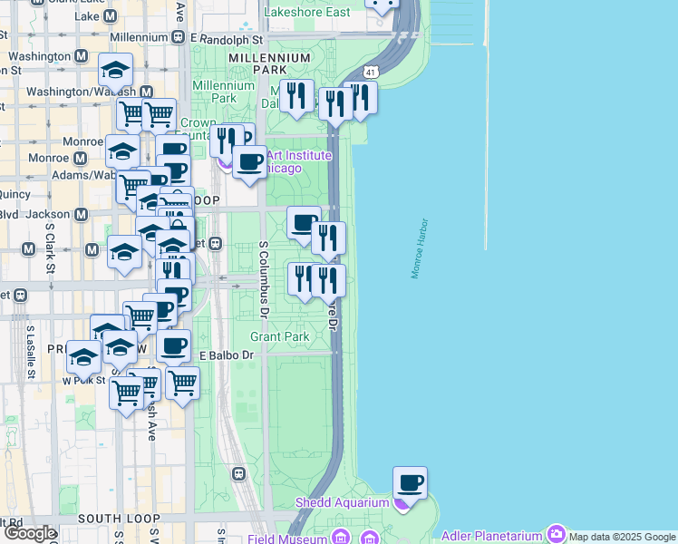 map of restaurants, bars, coffee shops, grocery stores, and more near 500 South Lake Shore Drive in Chicago