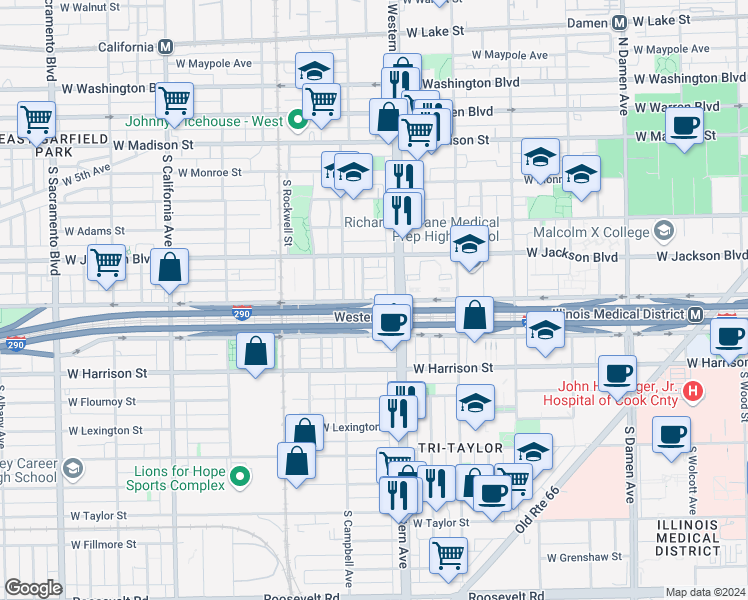 map of restaurants, bars, coffee shops, grocery stores, and more near in Chicago