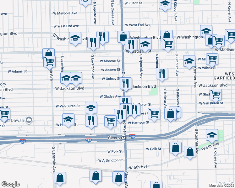 map of restaurants, bars, coffee shops, grocery stores, and more near 340 South Cicero Avenue in Chicago