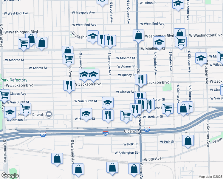 map of restaurants, bars, coffee shops, grocery stores, and more near 4933 West Gladys Avenue in Chicago