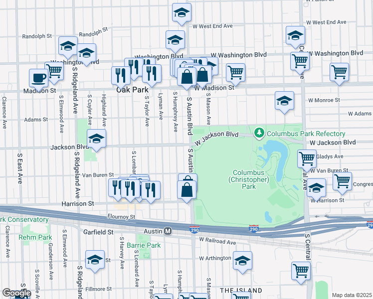 map of restaurants, bars, coffee shops, grocery stores, and more near 724 South Humphrey Avenue in Oak Park