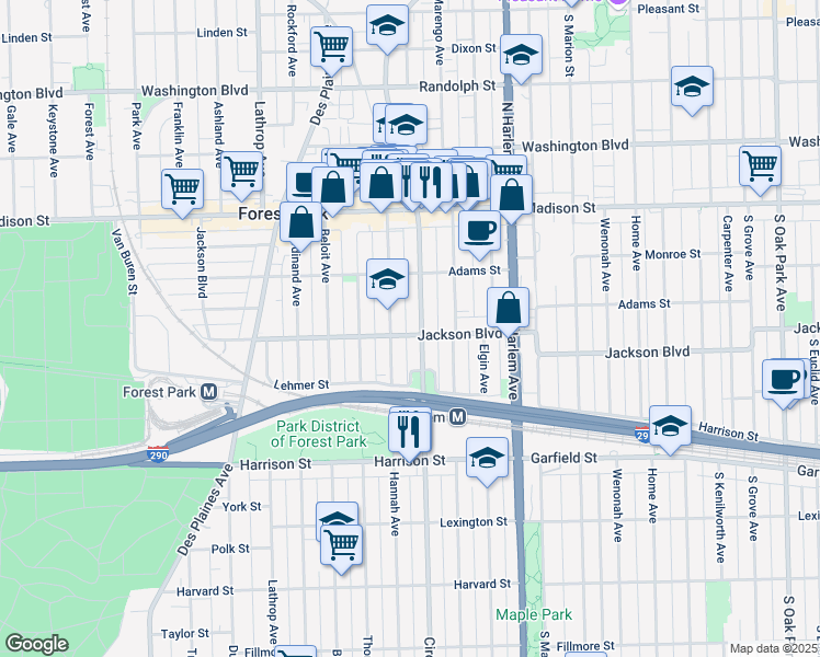 map of restaurants, bars, coffee shops, grocery stores, and more near 611 Circle Avenue in Forest Park