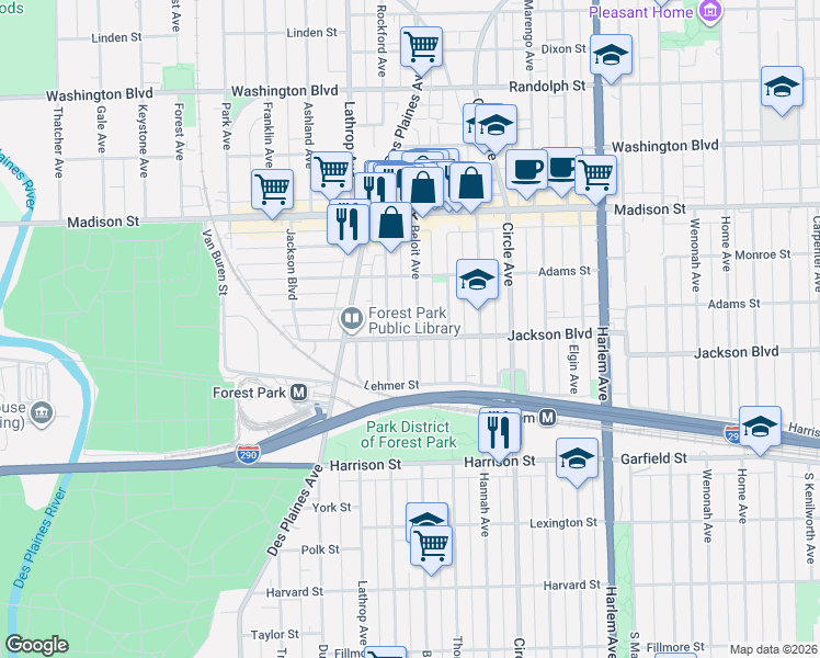 map of restaurants, bars, coffee shops, grocery stores, and more near 612 Beloit Avenue in Forest Park