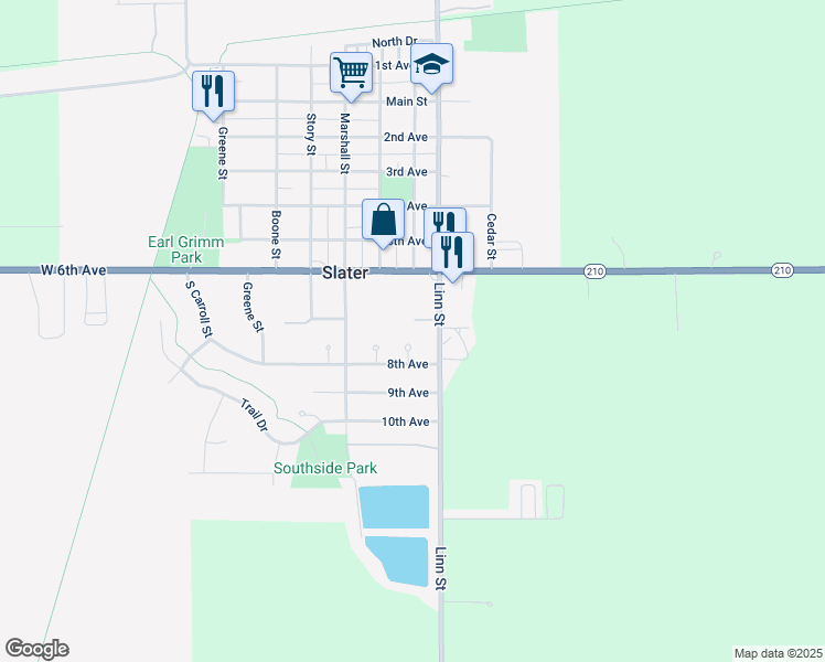 map of restaurants, bars, coffee shops, grocery stores, and more near 100 Benton Circle in Slater