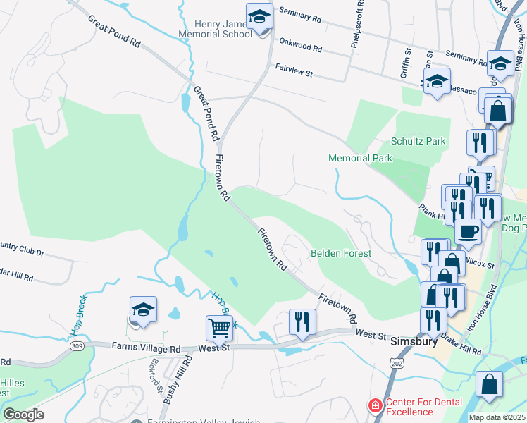 map of restaurants, bars, coffee shops, grocery stores, and more near 68 Firetown Road in Simsbury