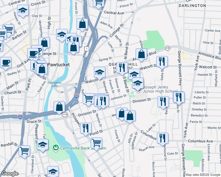 map of restaurants, bars, coffee shops, grocery stores, and more near 90 French Street in Pawtucket