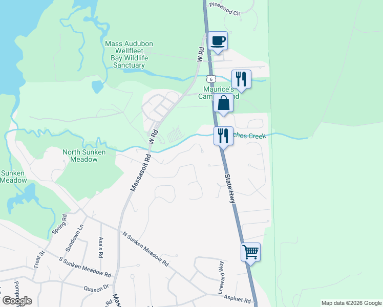 map of restaurants, bars, coffee shops, grocery stores, and more near 235 Harvest Road in Eastham