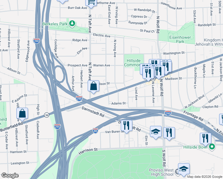 map of restaurants, bars, coffee shops, grocery stores, and more near 5113 Illinois 56 in Hillside