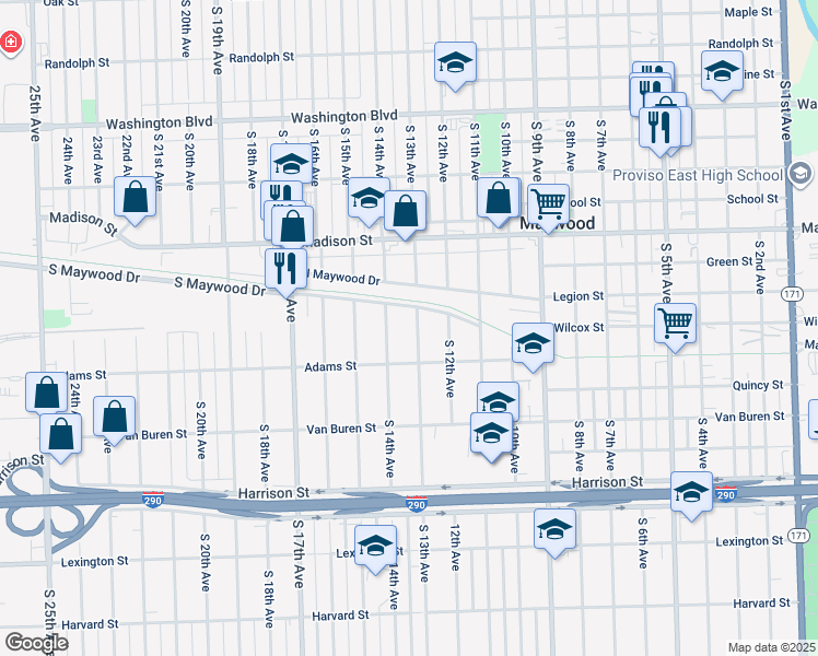 map of restaurants, bars, coffee shops, grocery stores, and more near 1220 South 13th Avenue in Maywood