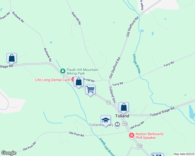 map of restaurants, bars, coffee shops, grocery stores, and more near 25 Dunn Hill Road in Tolland