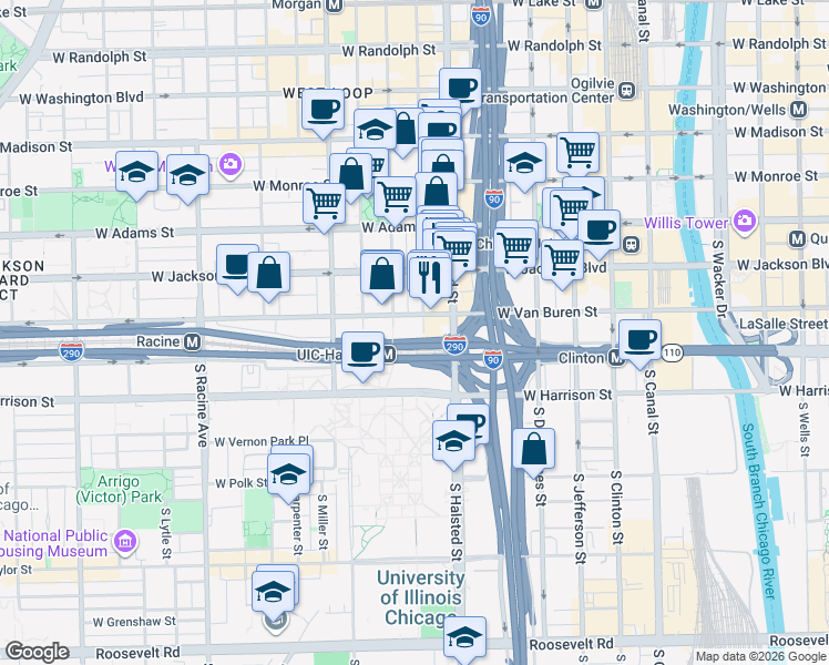 map of restaurants, bars, coffee shops, grocery stores, and more near 430 South Halsted Street in Chicago