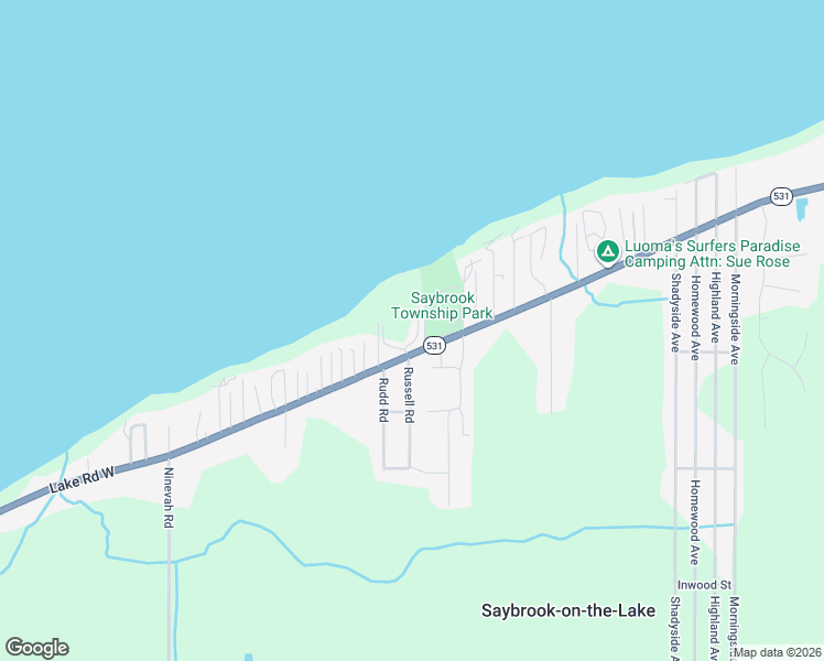 map of restaurants, bars, coffee shops, grocery stores, and more near 2704 Russell Road in Ashtabula