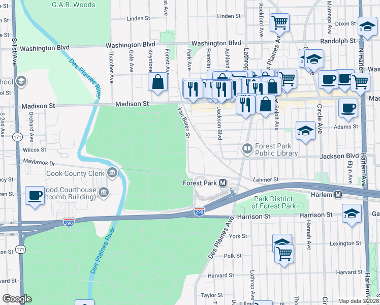 map of restaurants, bars, coffee shops, grocery stores, and more near 7753 Van Buren Street in Forest Park