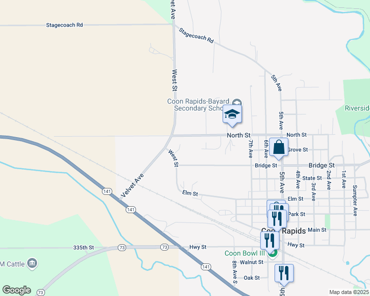 map of restaurants, bars, coffee shops, grocery stores, and more near 1017 Bridge Street in Coon Rapids