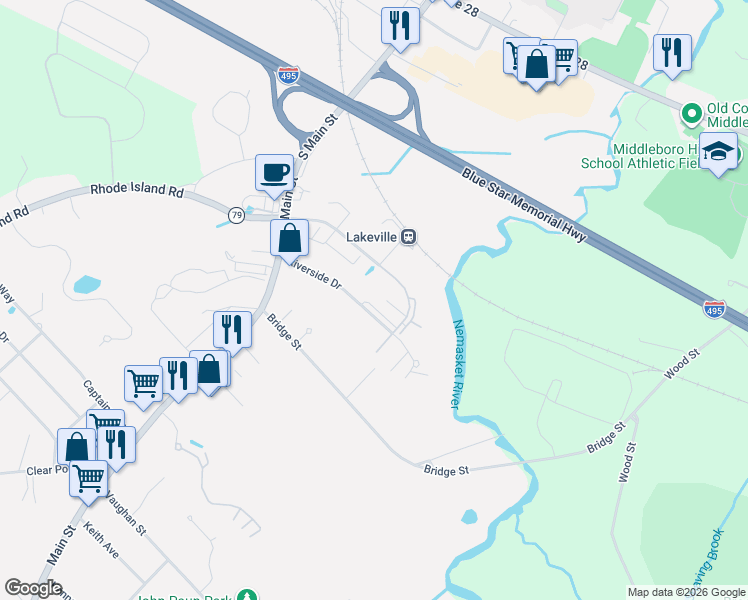 map of restaurants, bars, coffee shops, grocery stores, and more near 30 Riverside Drive in Lakeville