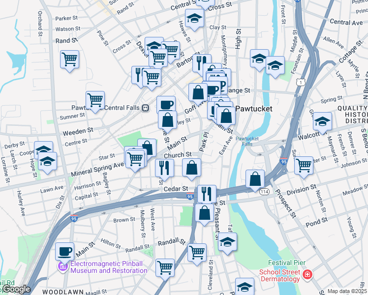 map of restaurants, bars, coffee shops, grocery stores, and more near Hill Street in Pawtucket