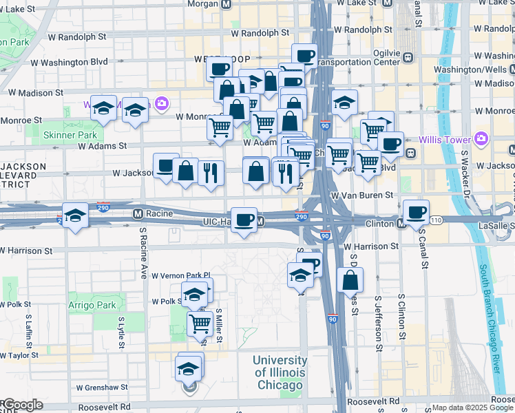 map of restaurants, bars, coffee shops, grocery stores, and more near 430 South Halsted Street in Chicago