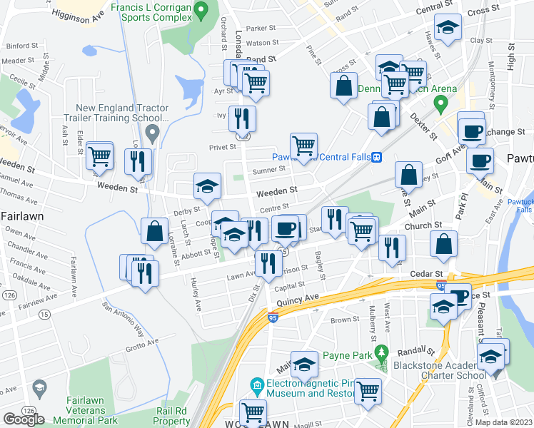 map of restaurants, bars, coffee shops, grocery stores, and more near 273 Lonsdale Avenue in Pawtucket