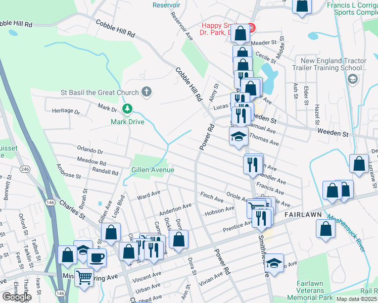 map of restaurants, bars, coffee shops, grocery stores, and more near 480 Power Road in Pawtucket