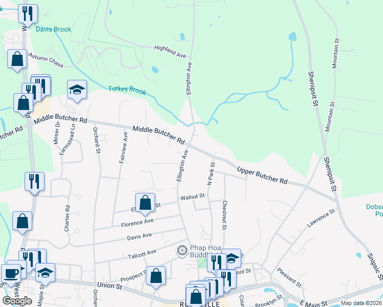 map of restaurants, bars, coffee shops, grocery stores, and more near 63 North Park Street in Ellington