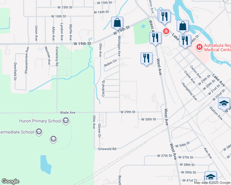 map of restaurants, bars, coffee shops, grocery stores, and more near 2100-2198 Eagle Dr in Ashtabula
