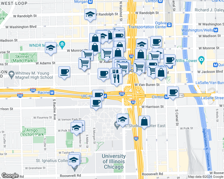 map of restaurants, bars, coffee shops, grocery stores, and more near 430 South Halsted Street in Chicago