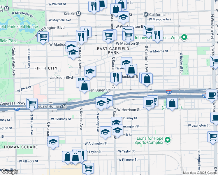 map of restaurants, bars, coffee shops, grocery stores, and more near 3023 West Van Buren Street in Chicago