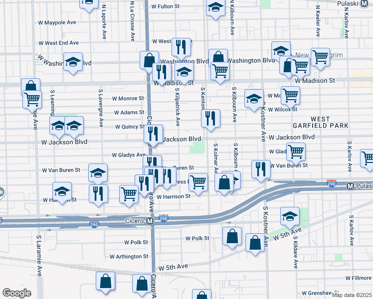 map of restaurants, bars, coffee shops, grocery stores, and more near 4658 West Van Buren Street in Chicago