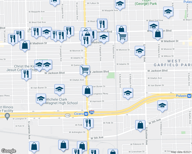 map of restaurants, bars, coffee shops, grocery stores, and more near 4733 West Gladys Avenue in Chicago