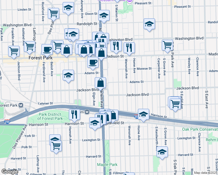 map of restaurants, bars, coffee shops, grocery stores, and more near 733 South Maple Avenue in Oak Park
