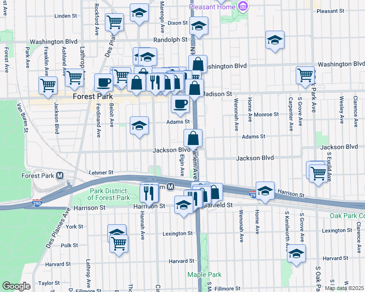 map of restaurants, bars, coffee shops, grocery stores, and more near 610 Elgin Avenue in Forest Park