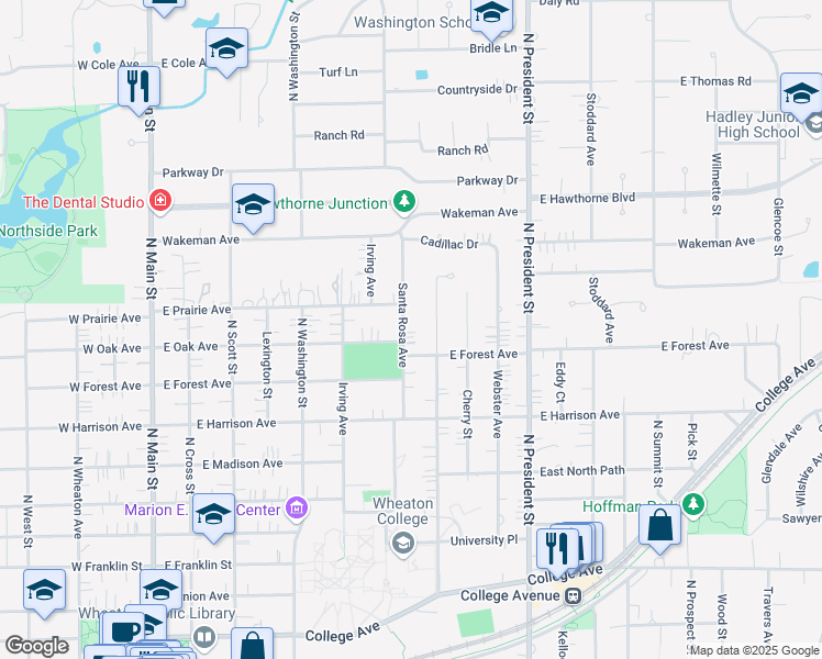 map of restaurants, bars, coffee shops, grocery stores, and more near 603 East Forest Avenue in Wheaton