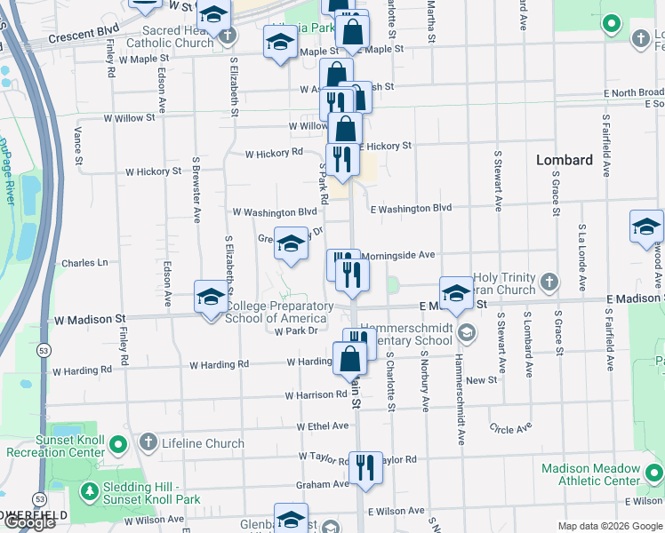 map of restaurants, bars, coffee shops, grocery stores, and more near 566 South Main Street in Lombard