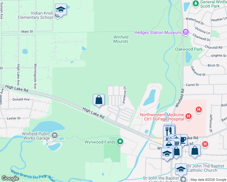 map of restaurants, bars, coffee shops, grocery stores, and more near N068 Woodland Court in Winfield