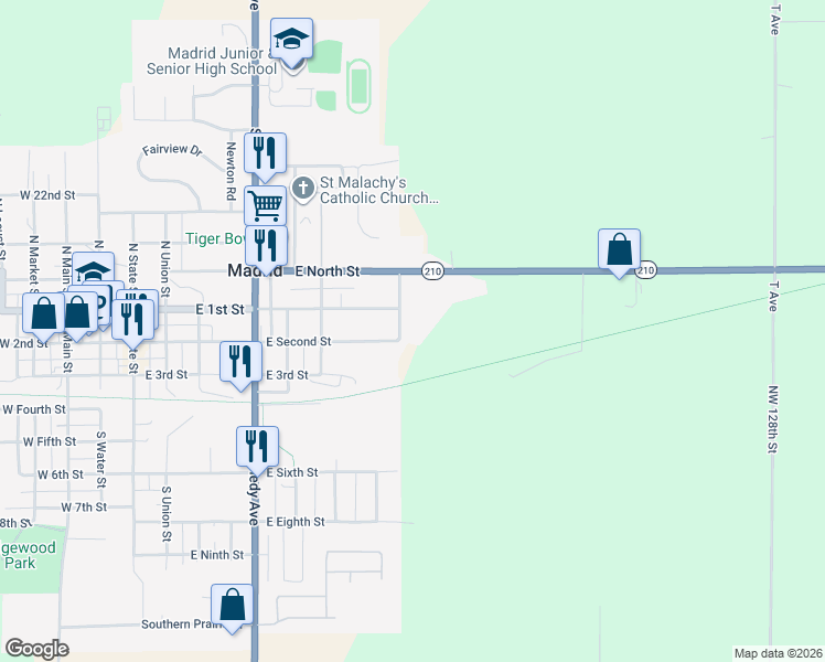 map of restaurants, bars, coffee shops, grocery stores, and more near 117 South County Road in Madrid
