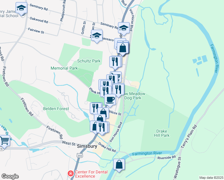 map of restaurants, bars, coffee shops, grocery stores, and more near 800 Hopmeadow Street in Simsbury