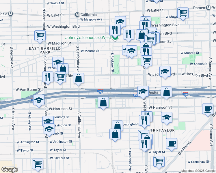 map of restaurants, bars, coffee shops, grocery stores, and more near 415 West Van Buren Street in Chicago