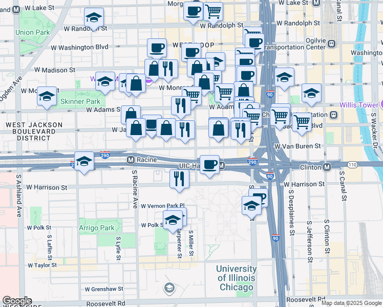 map of restaurants, bars, coffee shops, grocery stores, and more near 410 South Morgan Street in Chicago