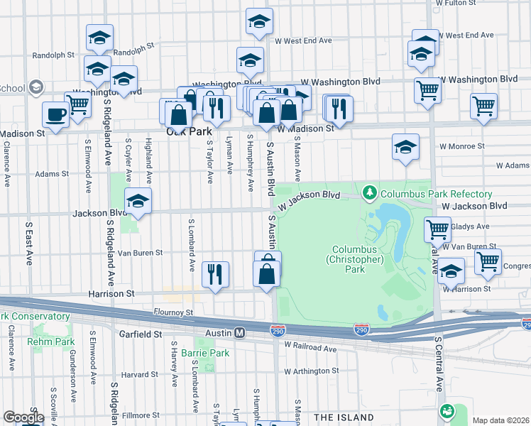 map of restaurants, bars, coffee shops, grocery stores, and more near 300 South Austin Boulevard in Oak Park