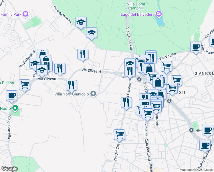map of restaurants, bars, coffee shops, grocery stores, and more near 79 Vicolo Silvestri in Roma
