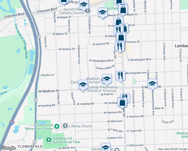 map of restaurants, bars, coffee shops, grocery stores, and more near 536 Green Valley Drive West in Lombard