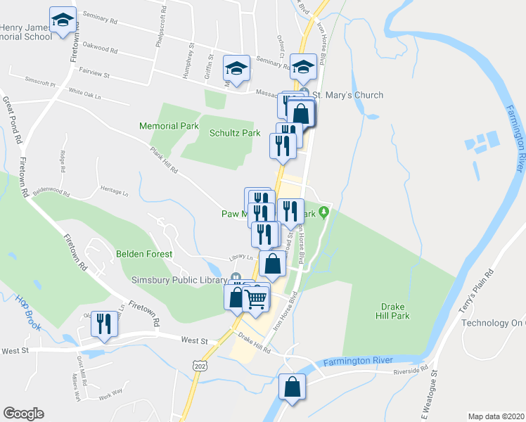 map of restaurants, bars, coffee shops, grocery stores, and more near 799 Hopmeadow Street in Simsbury