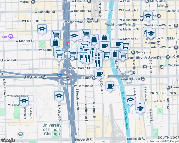 map of restaurants, bars, coffee shops, grocery stores, and more near 417 South Jefferson Street in Chicago