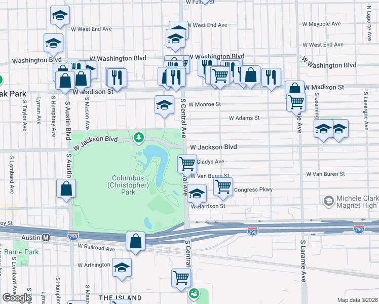 map of restaurants, bars, coffee shops, grocery stores, and more near 5561 West Jackson Boulevard in Chicago